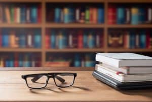 Eyeglasses and stacked books with laptop on wooden desk in home office room
